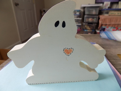 Wood handmade cut out ghost # 2   5 inch tall heart painted on chest 1 inch thick