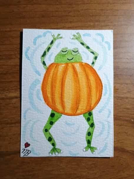 Free: ACEO Original Watercolor Painting 2-1/2"X 3/1/2"Chillin Halloween Frog  by Artist Marykay Bond