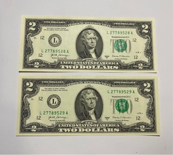 Two Dollar Bills Sequential 2017 Series A * Super Crisp! Very nice !