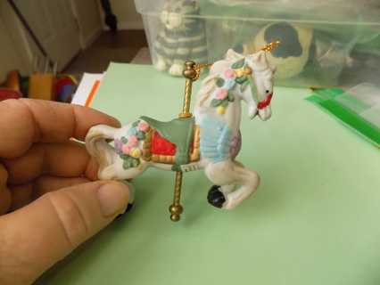 4 inch procelain carousel horse # 3 green saddle & flower garland