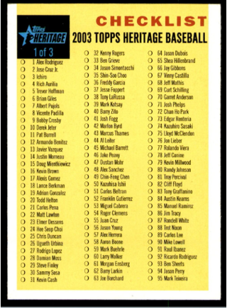 2003 Topps Heritage Baseball Checklist 1 of 3 MLB Unused