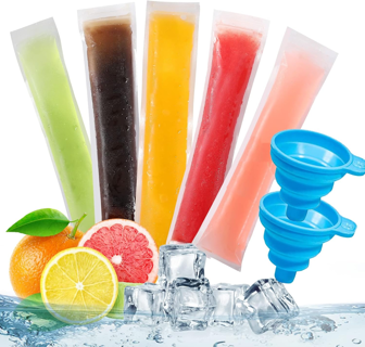100-Pack DIY Disposable Ice Pop Bags Popsicle Molds with Silicone Funnels Freeze Snack Tubes (8x2")