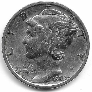 1936 Mercury Dime 90% Silver U.S. 10 Cent Coin