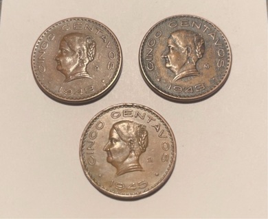 3 Different Vintage Mexican Cinco Centavo Coins