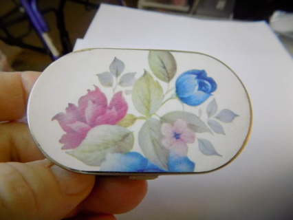 Vintage Japan oval double mirror for your purse, hinged handpainted flowers