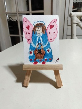 ACEO Original, Watercolor Painting 2-1/2"X 3/1/2"Whimsical Country Angel by Artist Marykay Bond