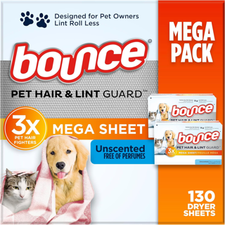 [NEW] Bounce Pet Hair & Lint Guard Mega Dryer Sheets - 3X Pet Hair Fighters, Unscented, (130 Count)