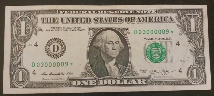 FANCY SERIAL NUMBER STAR NOTE ( 03000009* ) 2013