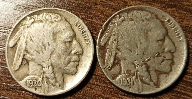 1930-S & 1931-S USA Indian Head Buffalo Nickels Full bold dates!