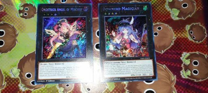 2 Secret Rare Holo Yugioh Cards Downerd Magician and Ghostrick Angel of Mischief