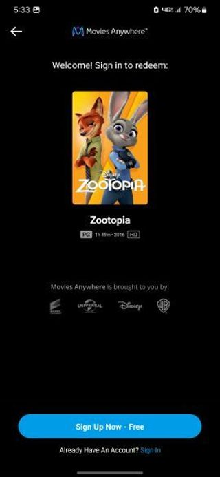 Zootopia Digital HD movie code MA/VUDU/iTunes