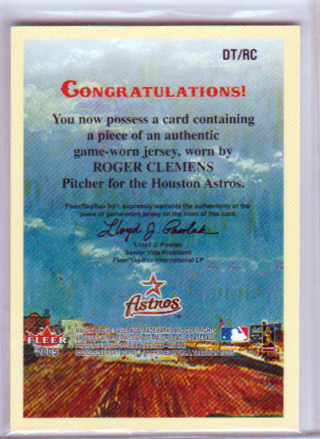 Roger Clemens, 2005 Fleer Diamond Tributes RELIC Card #DT-RC, Hoston Astros, (L3)