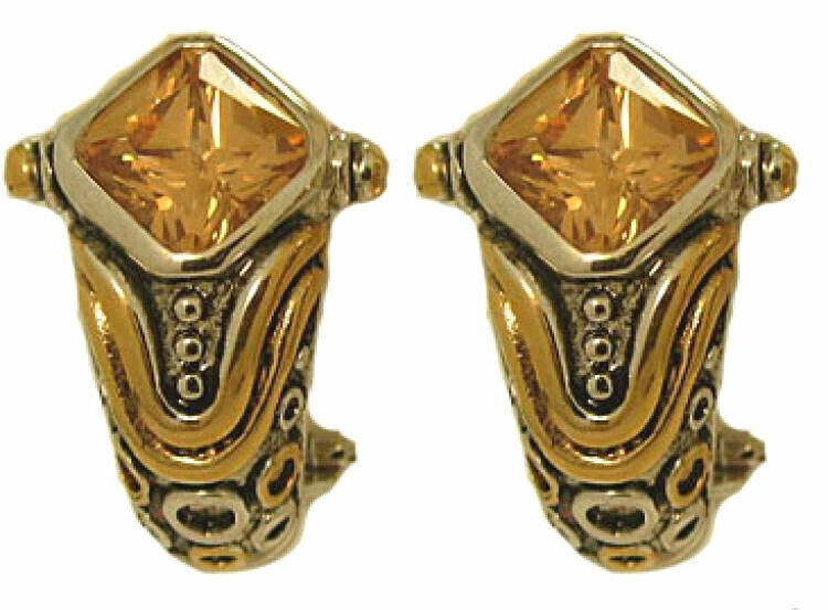 Free: Topaz earrings silver yellow gold 18k CZ swarovski stone half hoop champagne New