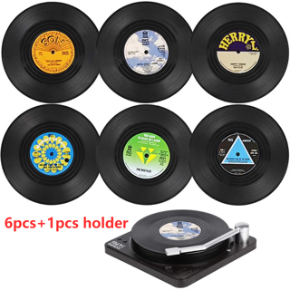 Set of 6 Vinyl Coasters for Drinks Music Coasters with Vinyl Record Player Holder Retro Record Disk