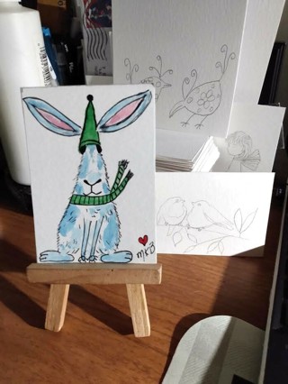 Original Watercolor Painting 2-1/2 X 3-1/2 ACEO Rabbit Just when you think the cold is gone by Bond