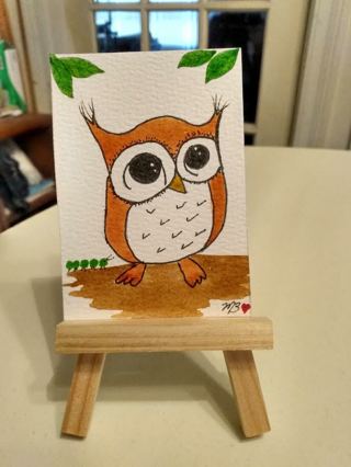 Original, Watercolor ACEO Painting 2-1/2"X 3/1/2" Whimsical Owl by Artist Marykay Bond