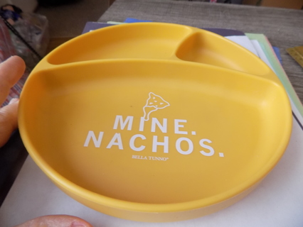 8 inch round rubber divided MINE NACHOS plate has suction cup feet, perfect for child