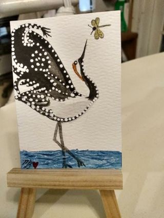 Original, Watercolor Painting 2-1/2"X 3/1/2" Whimsical Crane Bird by Artist Marykay Bond
