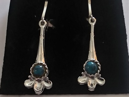 Womens Clip On  Dangle Faux Turquoise Cabochon Earrings