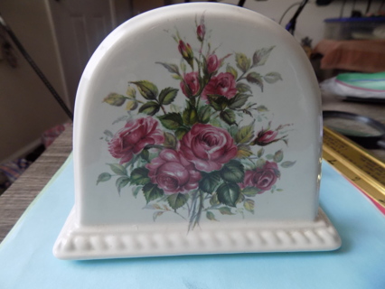 5 inch tall Athina ceramic arched napkin holder with red roses, and buds painted MADE IN USA