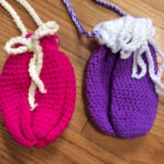 - Two Crocheted Sacks/Pouches with Shoulder Strap. 
