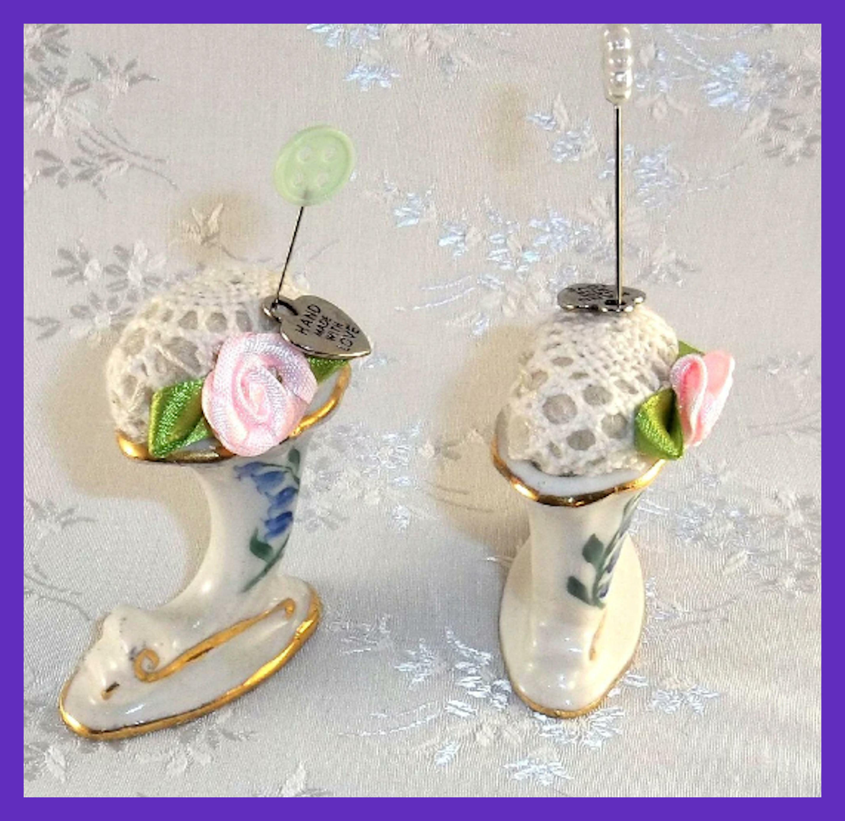 Free: Antique Porcelain Cornucopia PINCUSIONS, Pair, Gilt Edges Hand Painted, OOAK Gifts, Pink Roses