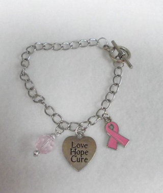 Breast Cancer Awareness Pink Ribbon LOVE HOPE CURE Handmade Chain Charm Bracelet