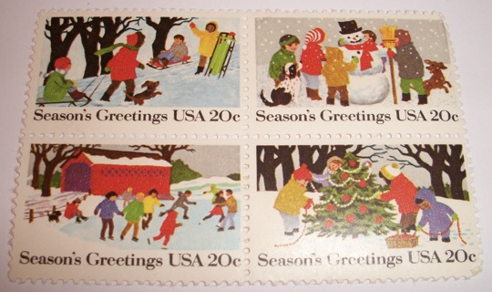 Scott #2027-30, Season's Greetings, Pane of 4 Useable 20¢ US Postage Stamps