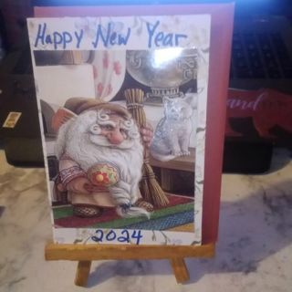 Happy New Year 2024 - Gnome and Kitten - Small Design Blank Note Card