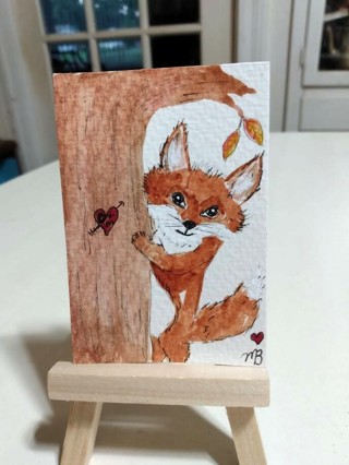 ACEO Original, Watercolor Painting 2-1/2"X 3/1/2" Fox by Artist Marykay Bond