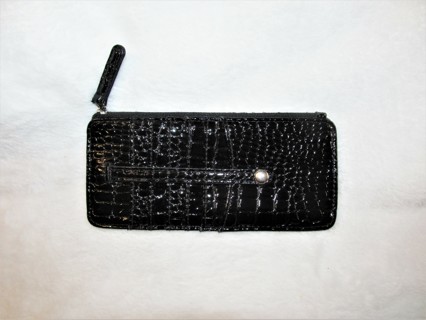Slim Credit Card Wallet Black Croc or Snake Skin embossed with ID window & zip pocket