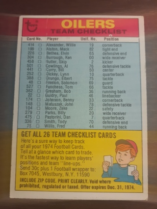 1974 Topps Oilers checklist football card UNMARKED