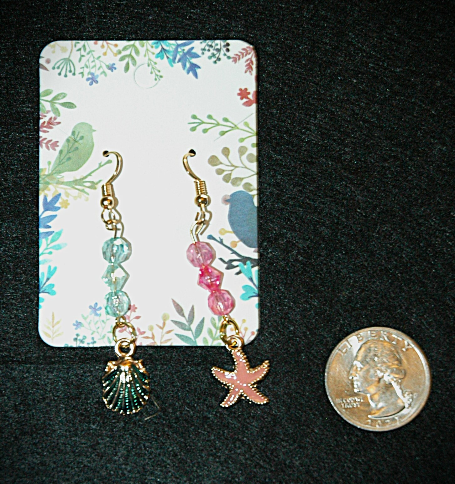 FREE: Gold-Toned Pink Starfish & Blue Clamshell Handcrafted Hook Earrings with Pink & Blue Accent Beads