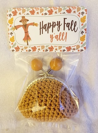 CROCHET 3 1/2 X 3 1/2 COIN PURSE WITH A LARGE HARVEST COLORED  BALL CLASP