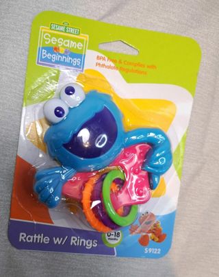 Sesame Street BPA FREE Beginnings Cookie Monster Rattle Rings Toy 0-18 Months