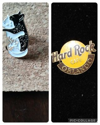 Hard Rock Cafe Pin and Two Huggable Cats Pin