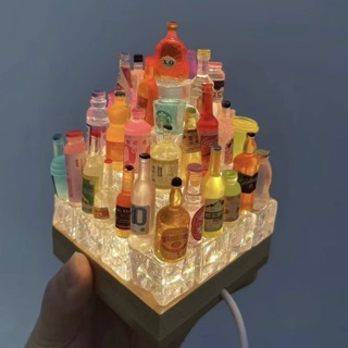 Handcrafted Miniature Drink Bottle Ice Tower LED Display with 2 Color Wooden Base