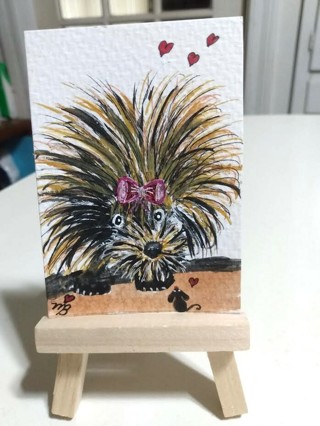 ACEO Original, Watercolor Painting 2-1/2"X 3/1/2" Whimsical Hairy Dog & Mouse by Artist Marykay Bond