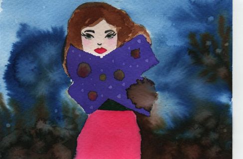 used postcard: handpainted Lady with scarf