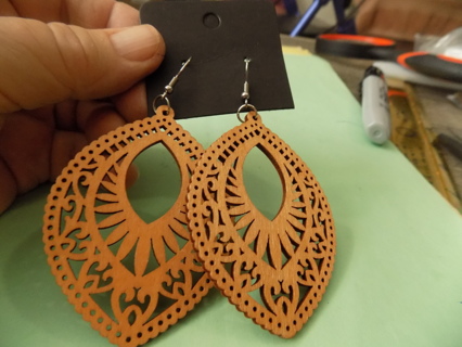 Earrings 3 inch wood scroll saw cut out filigreen tear drop shape