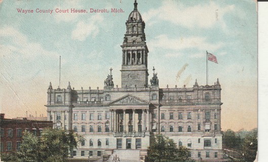 Vintage Used Postcard: gin: Pre Linen: Wayne County Court House, Detroit, MI