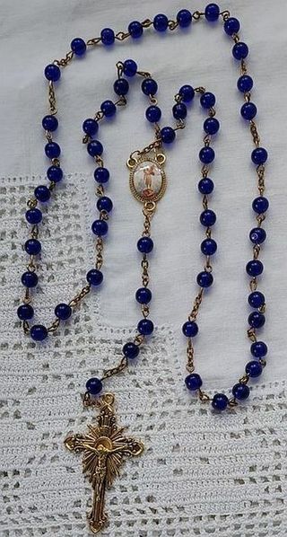  Rosary St Michael The Archangel Gold Tone Catholic Crucifix Sapphire Blue Beads