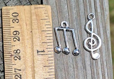 2 - Musical Notes Charms DOUBLE SIDED Silvertone Scrapbooking  Pen Pal  Card Making Jewerly Crafting