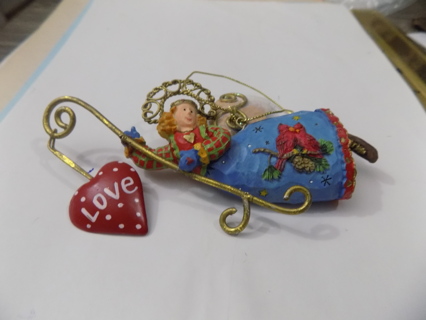 6 inch tall angel ornament holds gold staff with heart says love blue gown  2 cardinals