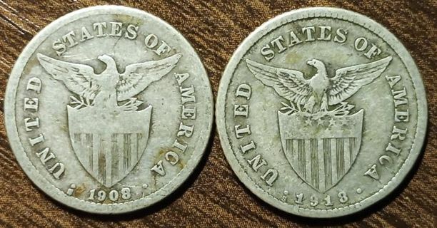 1908-S & 1918-S Philippines Silver 20 Centavos Full bold dates!