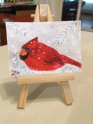 Original, Watercolor Painting " 2-1/2 X 3-1/2" ACEO Male Cardinal Bird by Artist Marykay Bond