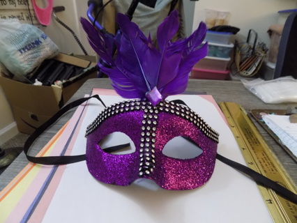 Hot Pink Glittery Mardi Gras Mask tall purple feather, & diamond jewel, 3 rows clear stones