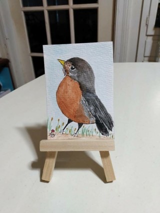 ACEO Original, Watercolor Painting 2-1/2"X 3/1/2" Young Robin by Artist Marykay Bond