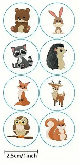 ↗️NEW⭕(8) 1" ADORABLE CARTOON ANIMAL STICKERS!! REWARD RACOON HEDGEHOG FOX SQUIRREL DEER BUNNY OWL