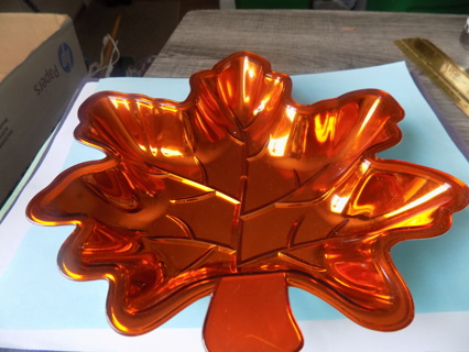 9 inch tall and wide metallic orange autumn leaf shape candy dish